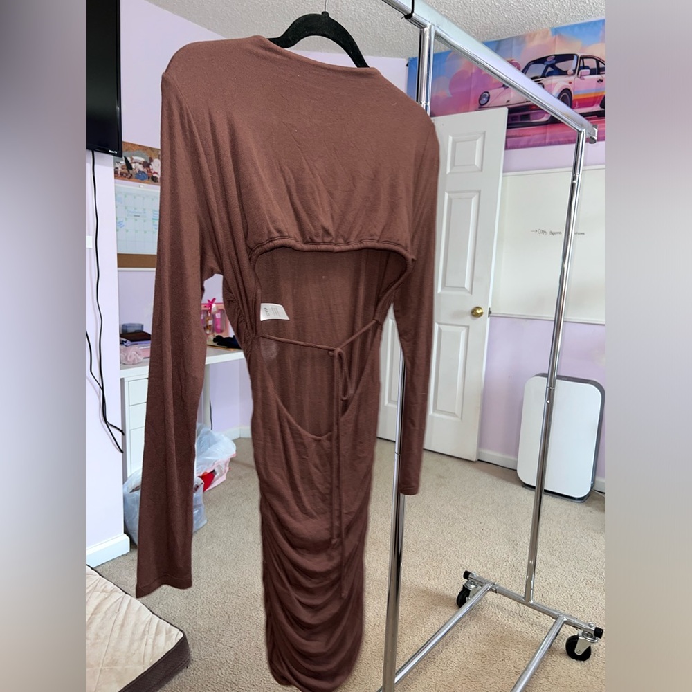Naked Wardrobe Brown Ruching Stretchy Mini Dress - Picture 2 of 6